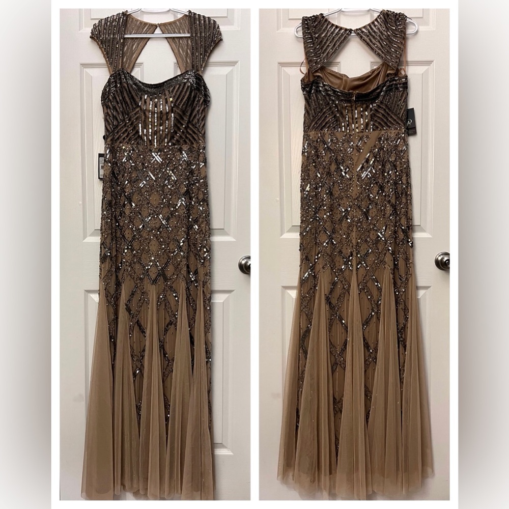 Adrianna Papell Formal Dress Gown 12 Nude Sequin Beaded HTF NWT
